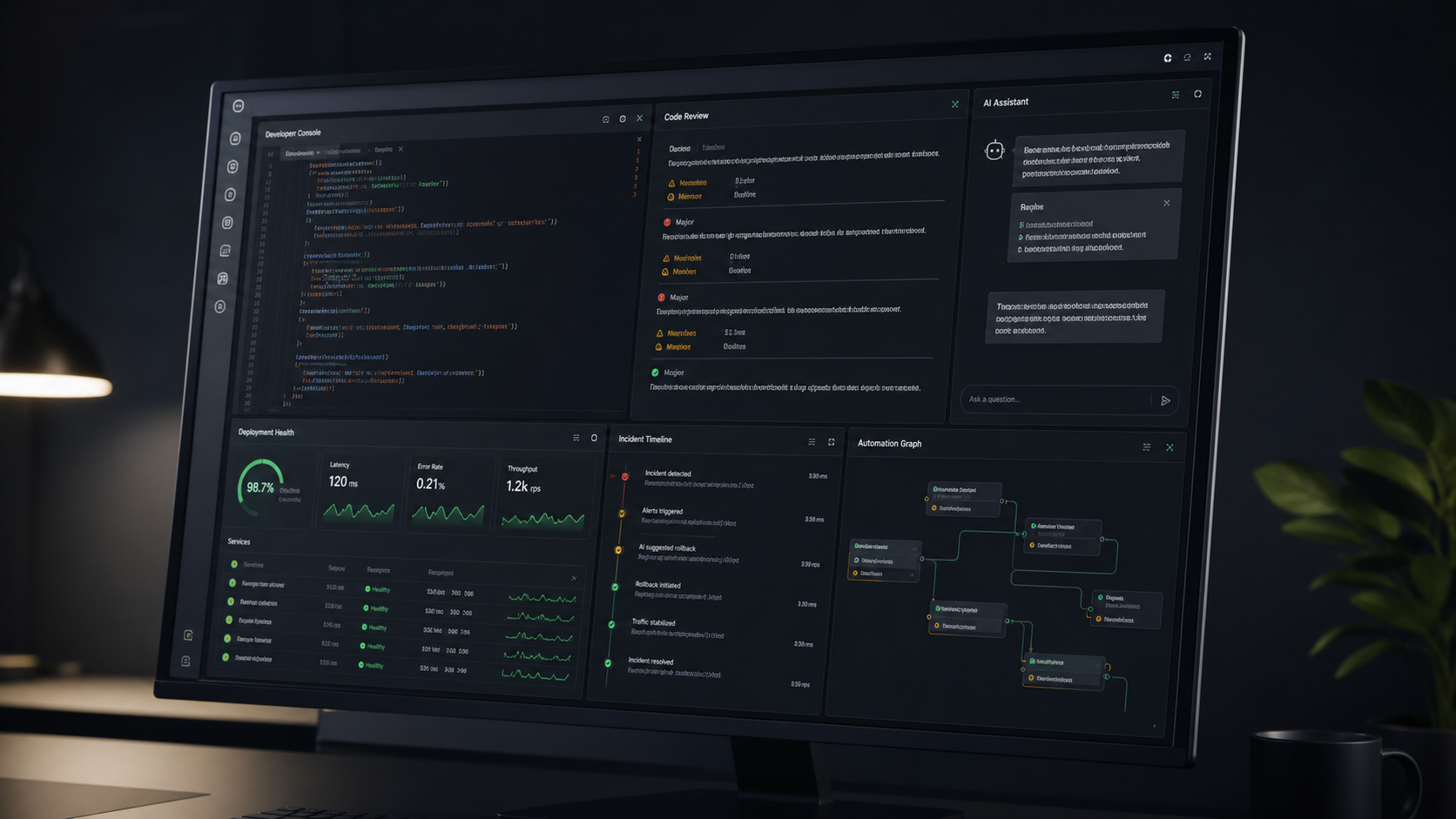 AI developer tooling interface with code, operations telemetry, and automation panels